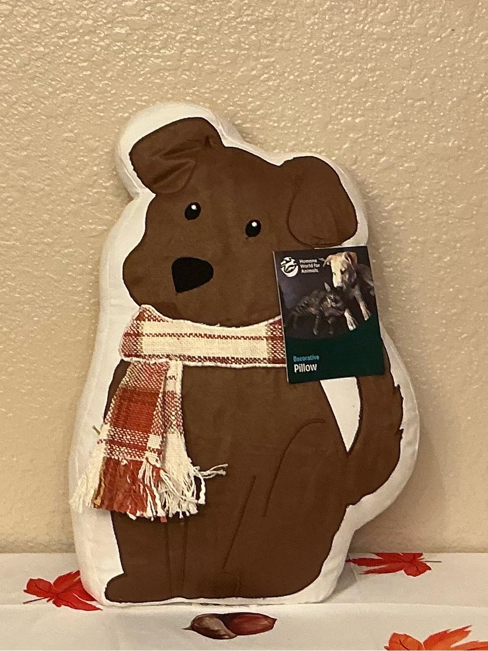 Decorative Brown Dog Shaped Throw Pillow with Scarf & Plaid Back